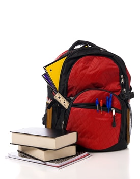 Backpack, books and school supplies